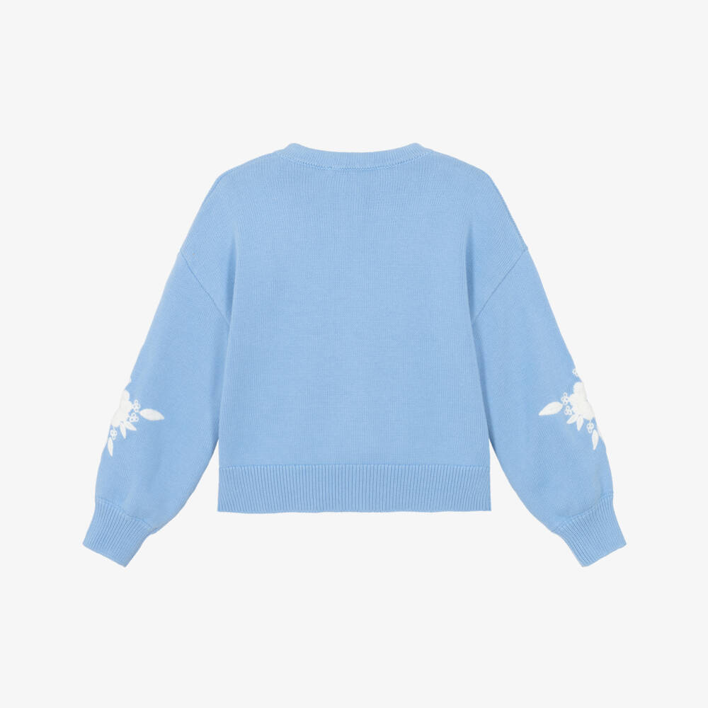 Tartine et Chocolat-Кардиган голубой из хлопкового трикотажа с вышитыми белыми цветами для девочек | Childrensalon
