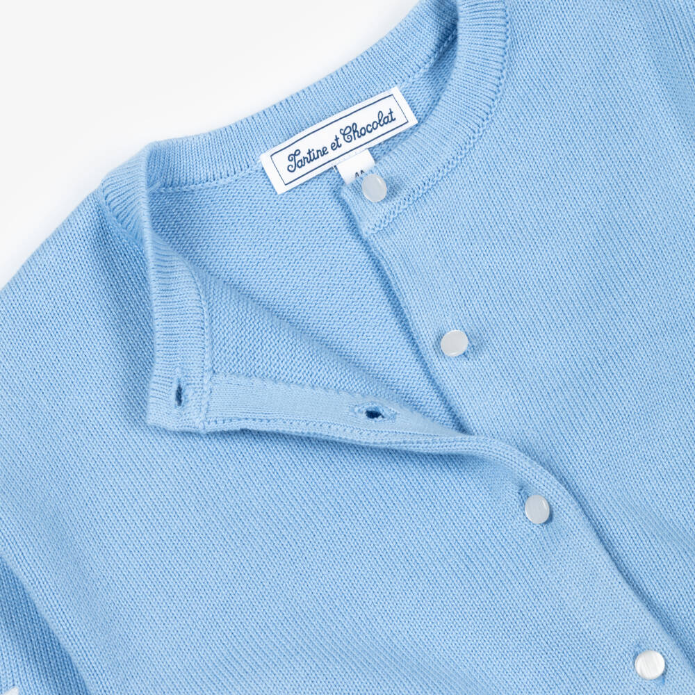 Tartine et Chocolat-Кардиган голубой из хлопкового трикотажа с вышитыми белыми цветами для девочек | Childrensalon