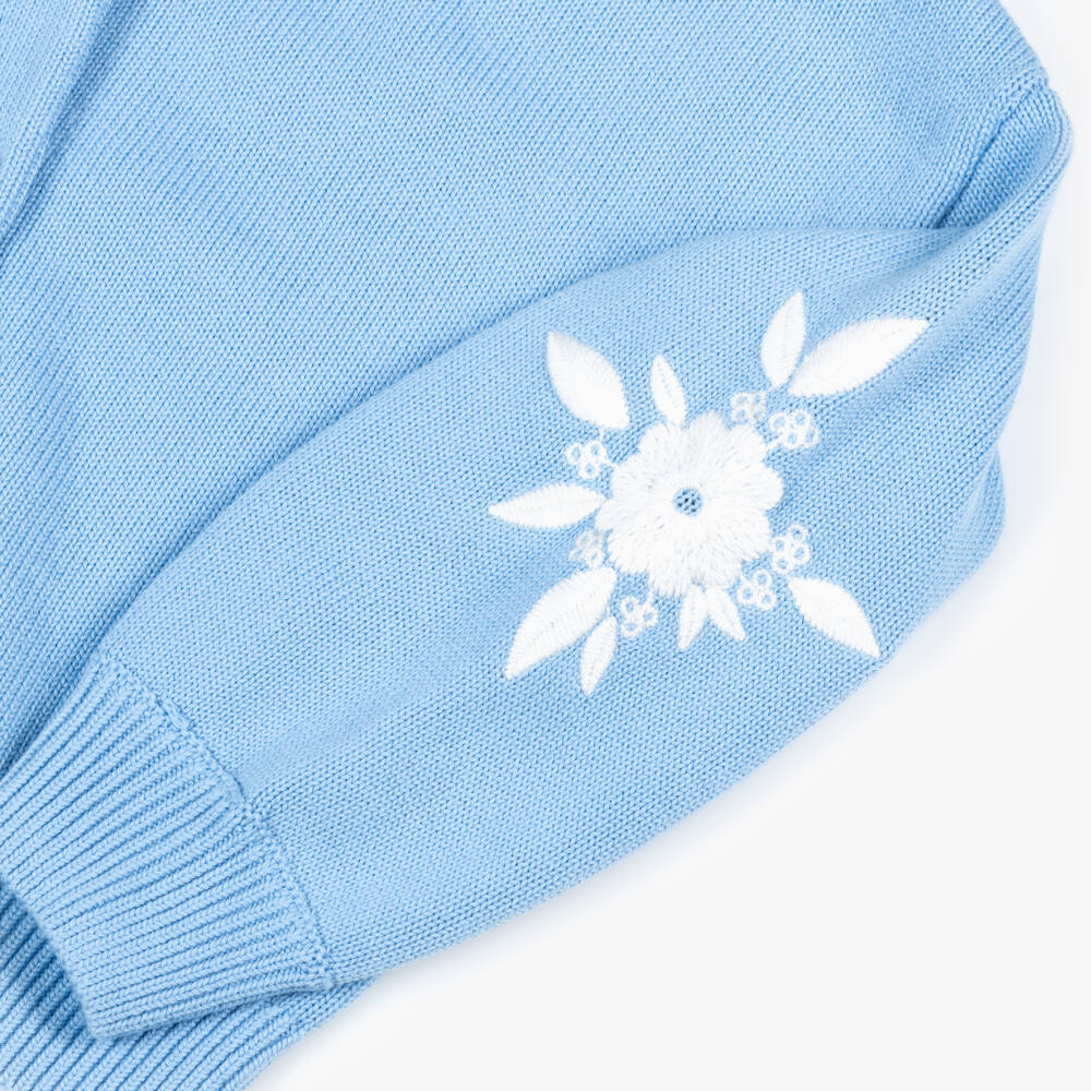 Tartine et Chocolat-Кардиган голубой из хлопкового трикотажа с вышитыми белыми цветами для девочек | Childrensalon