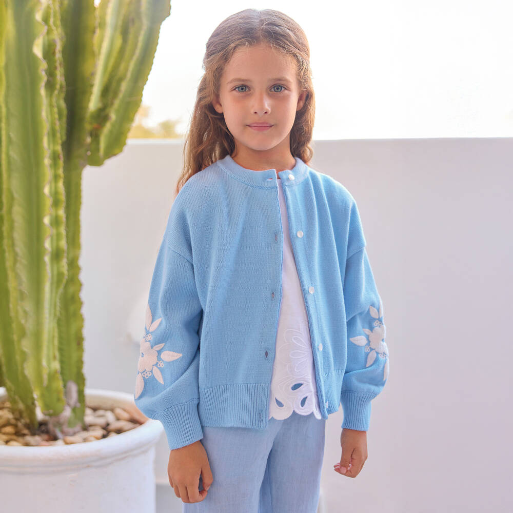Tartine et Chocolat-Girls Blue Cotton Knit Cardigan with Embroidered White Flowers | Childrensalon