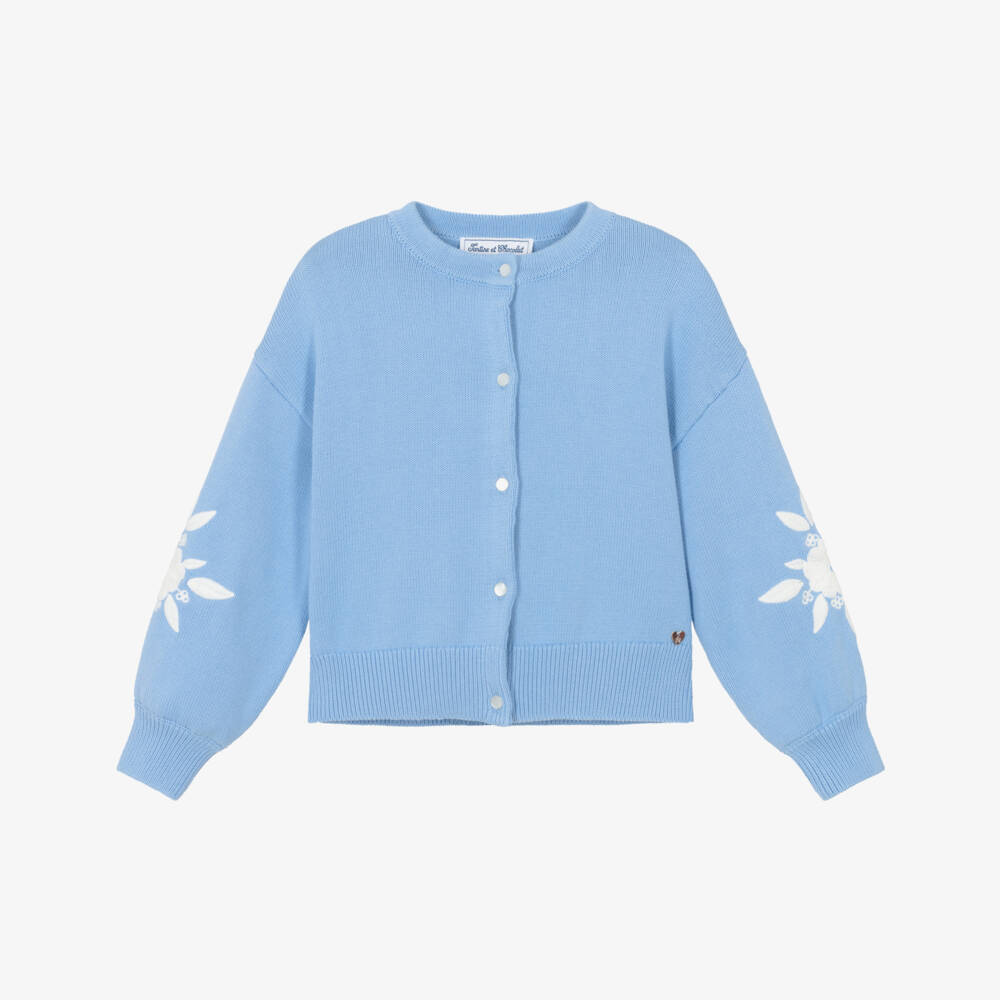 Tartine et Chocolat-Girls Blue Cotton Knit Cardigan with Embroidered White Flowers | Childrensalon