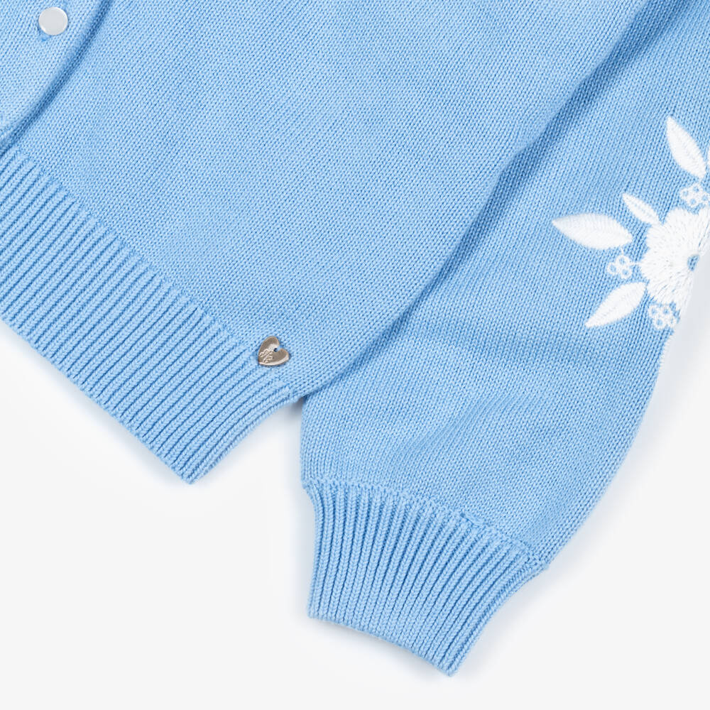 Tartine et Chocolat-Кардиган голубой из хлопкового трикотажа с вышитыми белыми цветами для девочек | Childrensalon