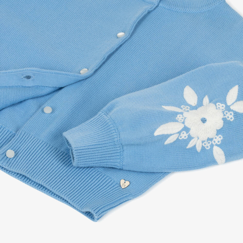Tartine et Chocolat-Girls Blue Cotton Knit Cardigan with Embroidered White Flowers | Childrensalon