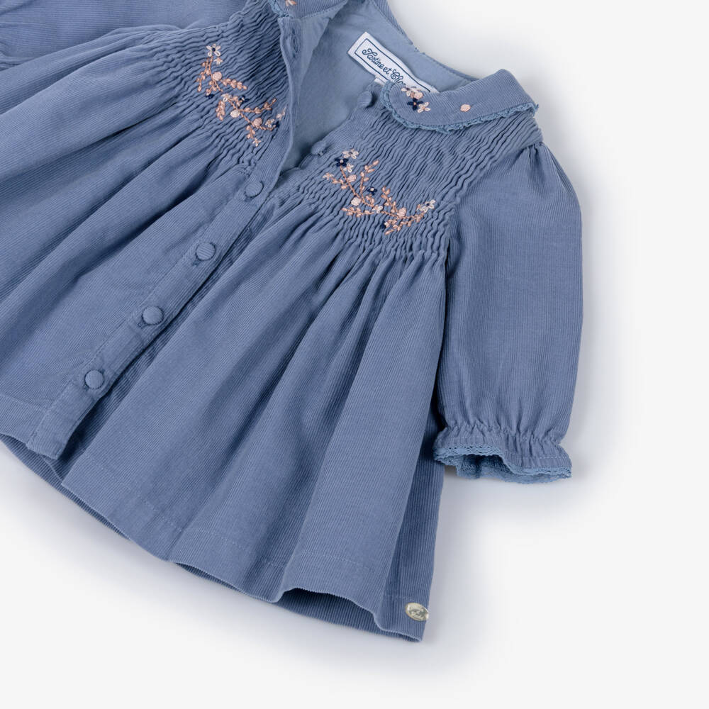 Tartine et Chocolat-Girls Blue Floral Embroidery Needlecord Dress  | Childrensalon
