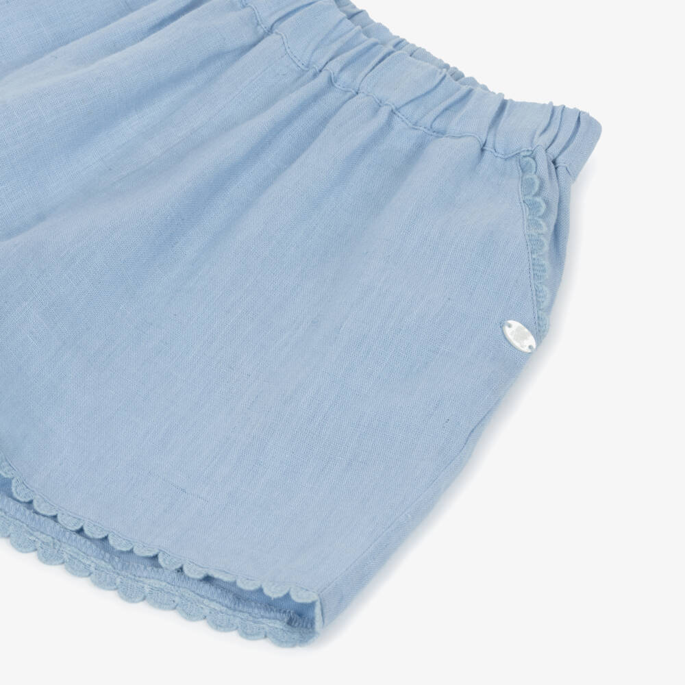 Tartine et Chocolat-Girls Blue Linen Shorts with Scalloped Embroidery | Childrensalon