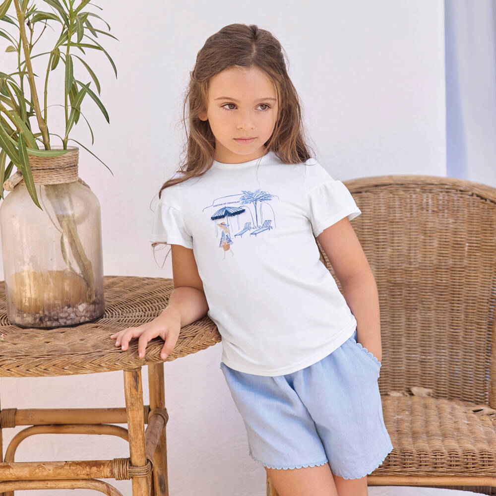 Tartine et Chocolat-Шорты голубые из льна с вышивкой для девочек | Childrensalon