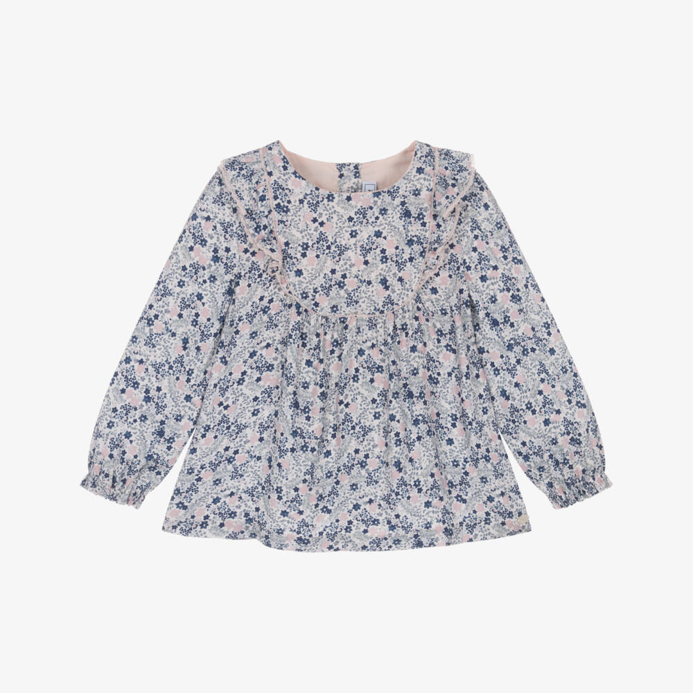 Tartine et Chocolat-Girls Blue & Pink Floral Twill Blouse | Childrensalon