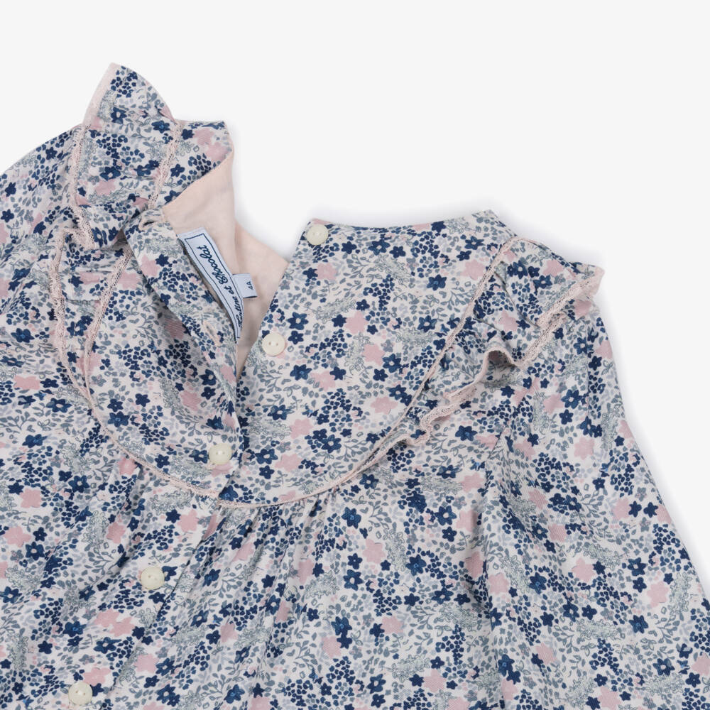 Tartine et Chocolat-Girls Blue & Pink Floral Twill Blouse | Childrensalon