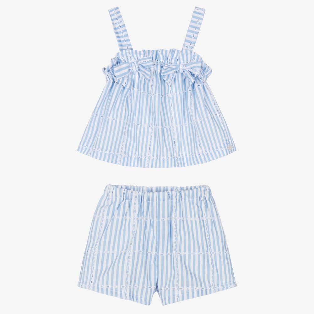 Tartine et Chocolat-Girls Blue Striped Cotton Shorts Set with Bows | Childrensalon