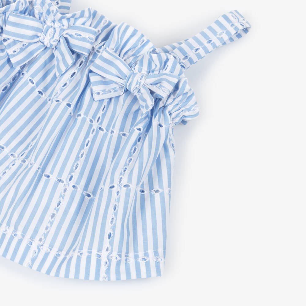 Tartine et Chocolat-Girls Blue Striped Cotton Shorts Set with Bows | Childrensalon