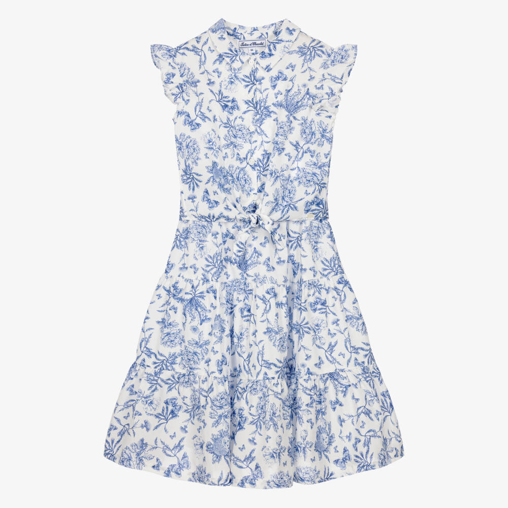 Tartine et Chocolat-Girls Blue Toile Du Jouy Blouse & Skirt Set | Childrensalon