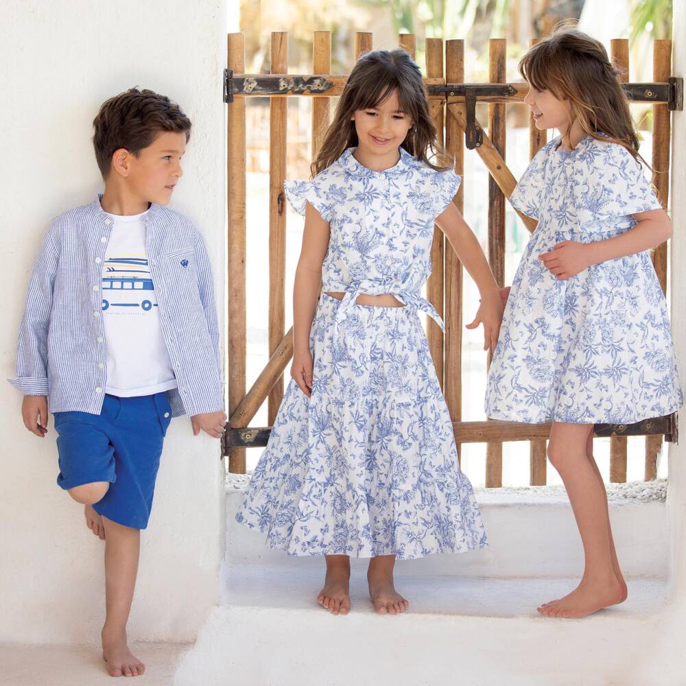 Tartine et Chocolat-Girls Blue Toile Du Jouy Blouse & Skirt Set | Childrensalon