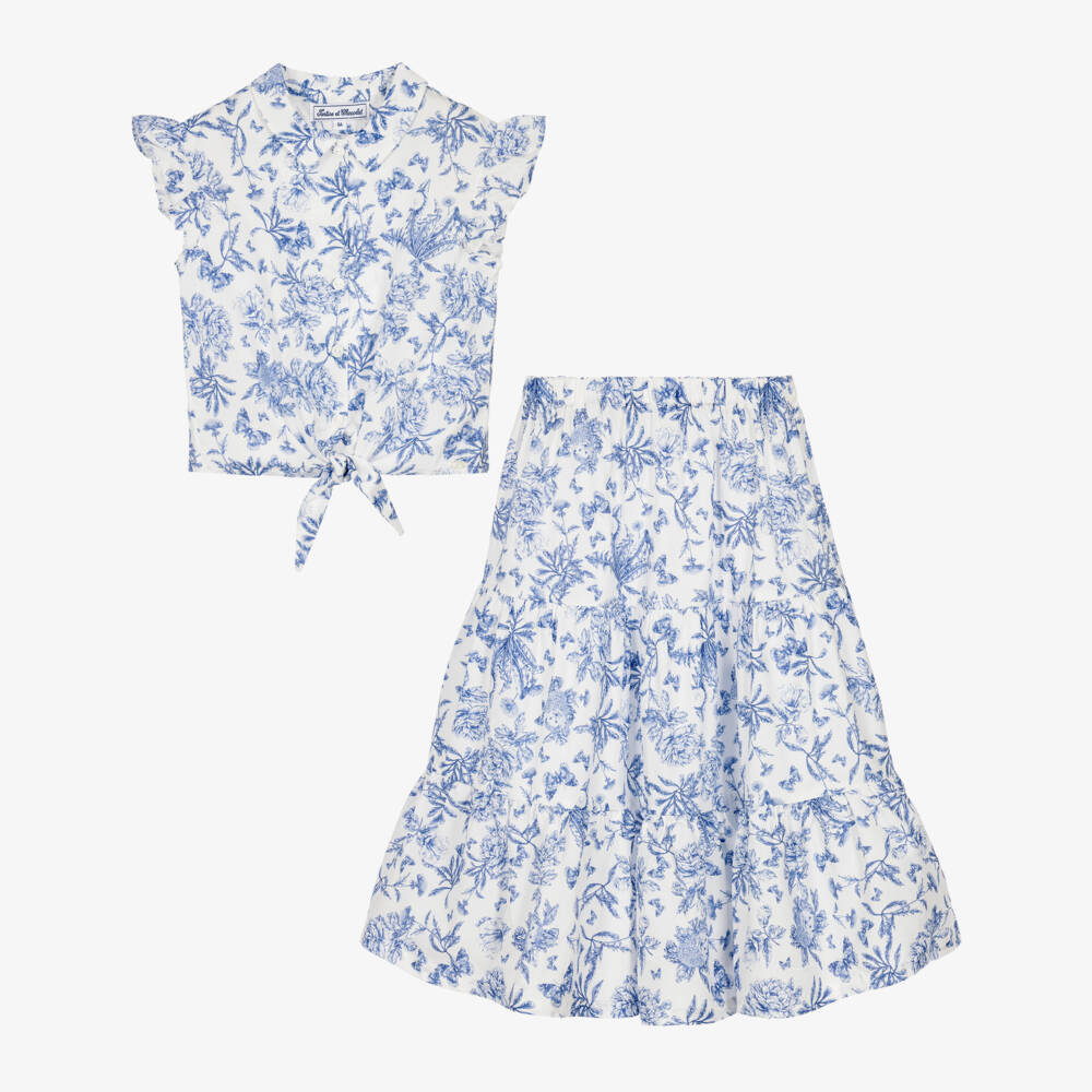 Tartine et Chocolat-Girls Blue Toile Du Jouy Blouse & Skirt Set | Childrensalon
