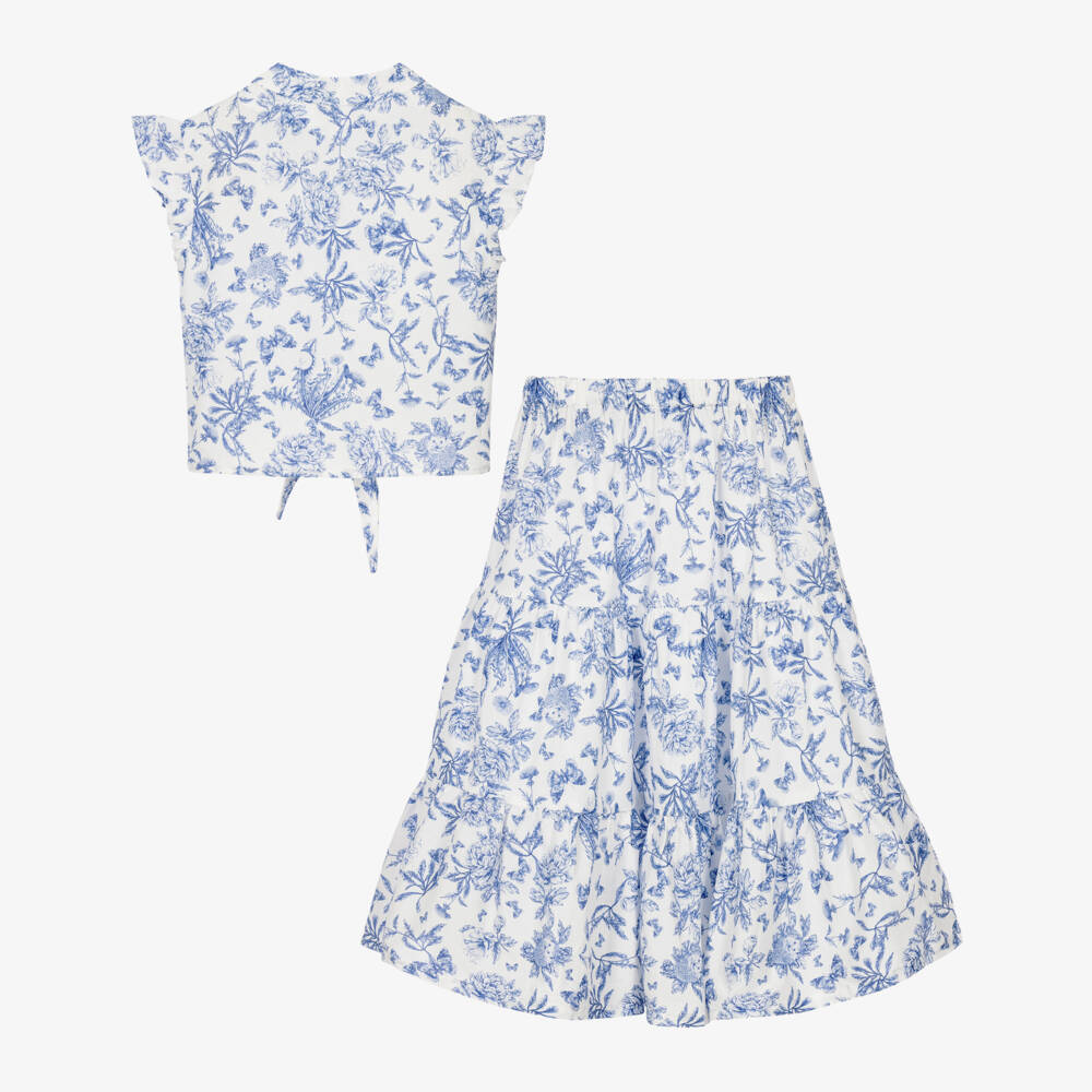 Tartine et Chocolat-Girls Blue Toile Du Jouy Blouse & Skirt Set | Childrensalon