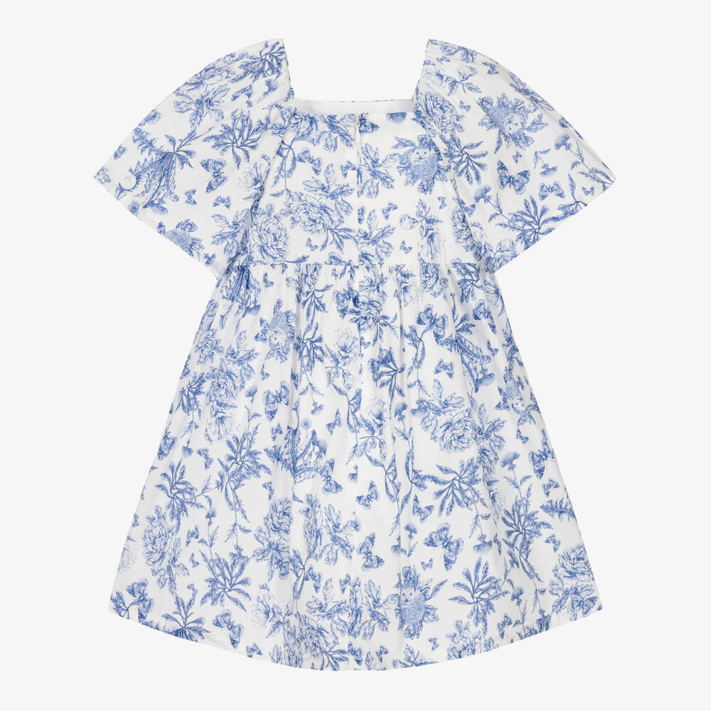 Tartine et Chocolat-Girls Blue Toile Du Jouy Dress with Flutter Sleeves | Childrensalon