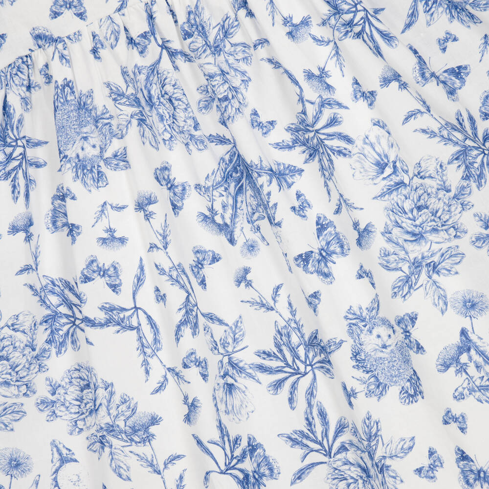 Tartine et Chocolat-Girls Blue Toile Du Jouy Dress with Flutter Sleeves | Childrensalon
