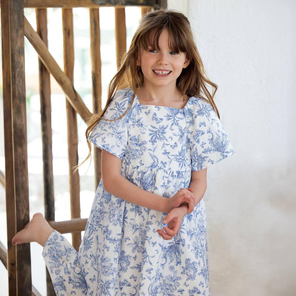 Tartine et Chocolat-Girls Blue Toile Du Jouy Dress with Flutter Sleeves | Childrensalon