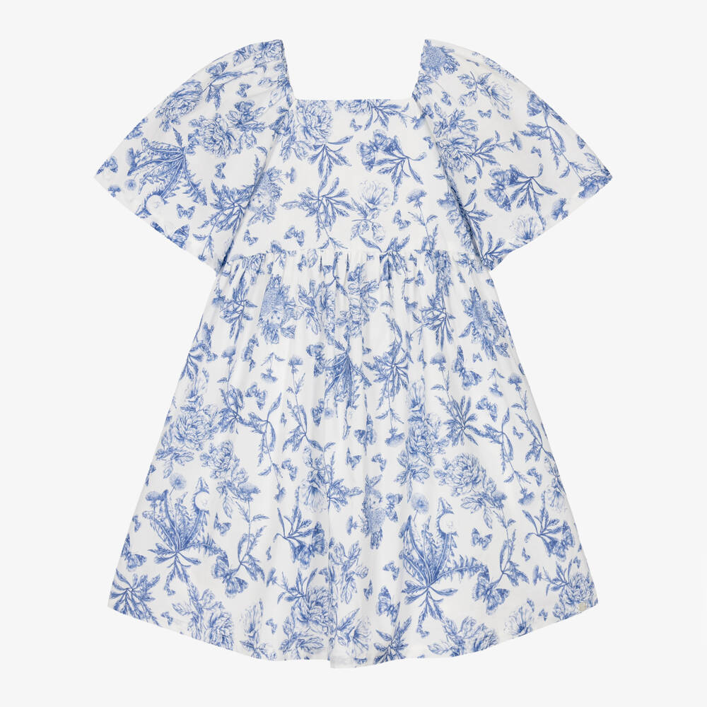 Tartine et Chocolat-Girls Blue Toile Du Jouy Dress with Flutter Sleeves | Childrensalon