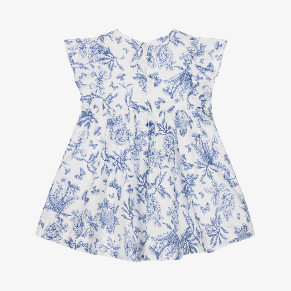 Tartine et Chocolat-Girls Blue Toile Du Jouy Dress with Ruffle Sleeves | Childrensalon