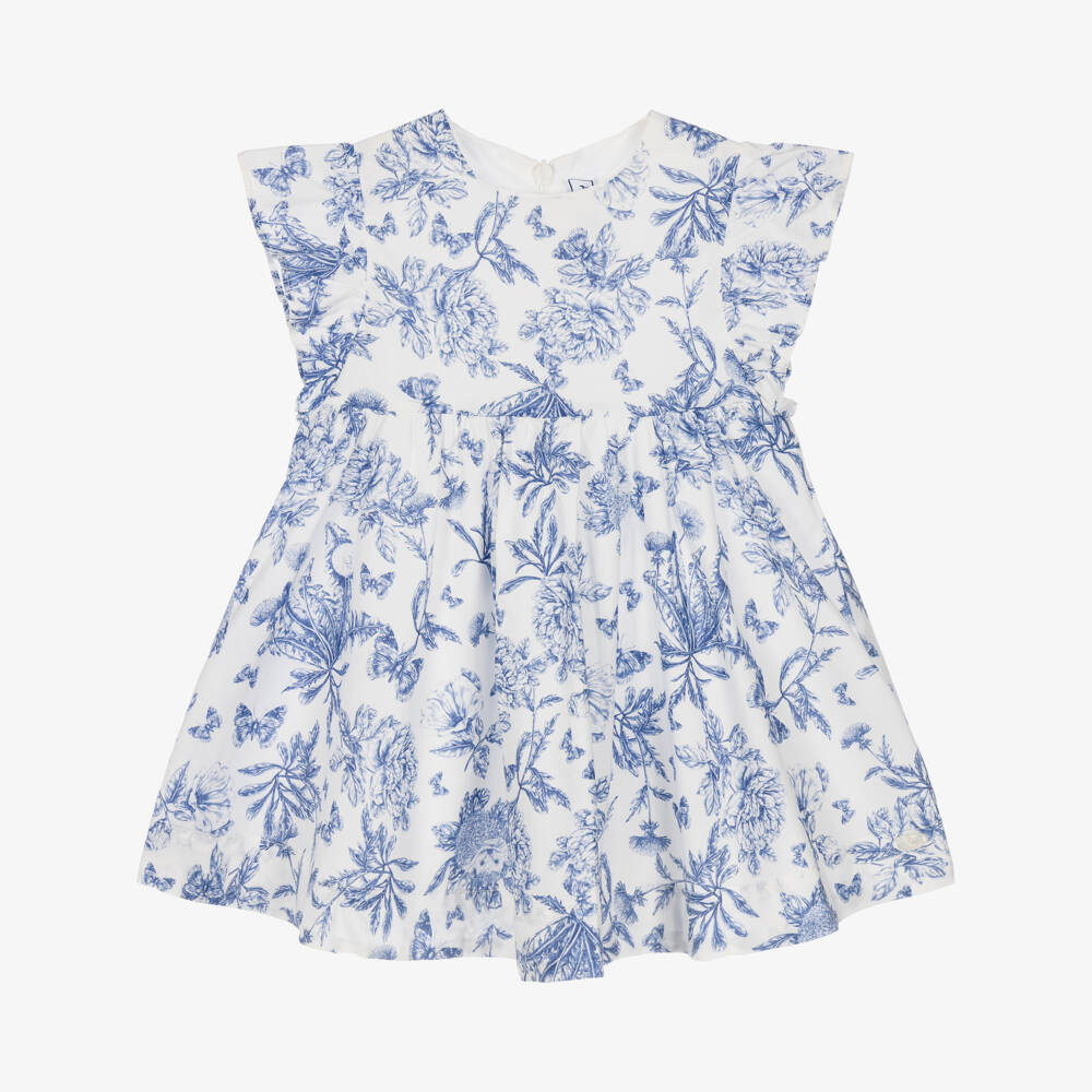 Tartine et Chocolat-Girls Blue Toile Du Jouy Dress with Ruffle Sleeves | Childrensalon