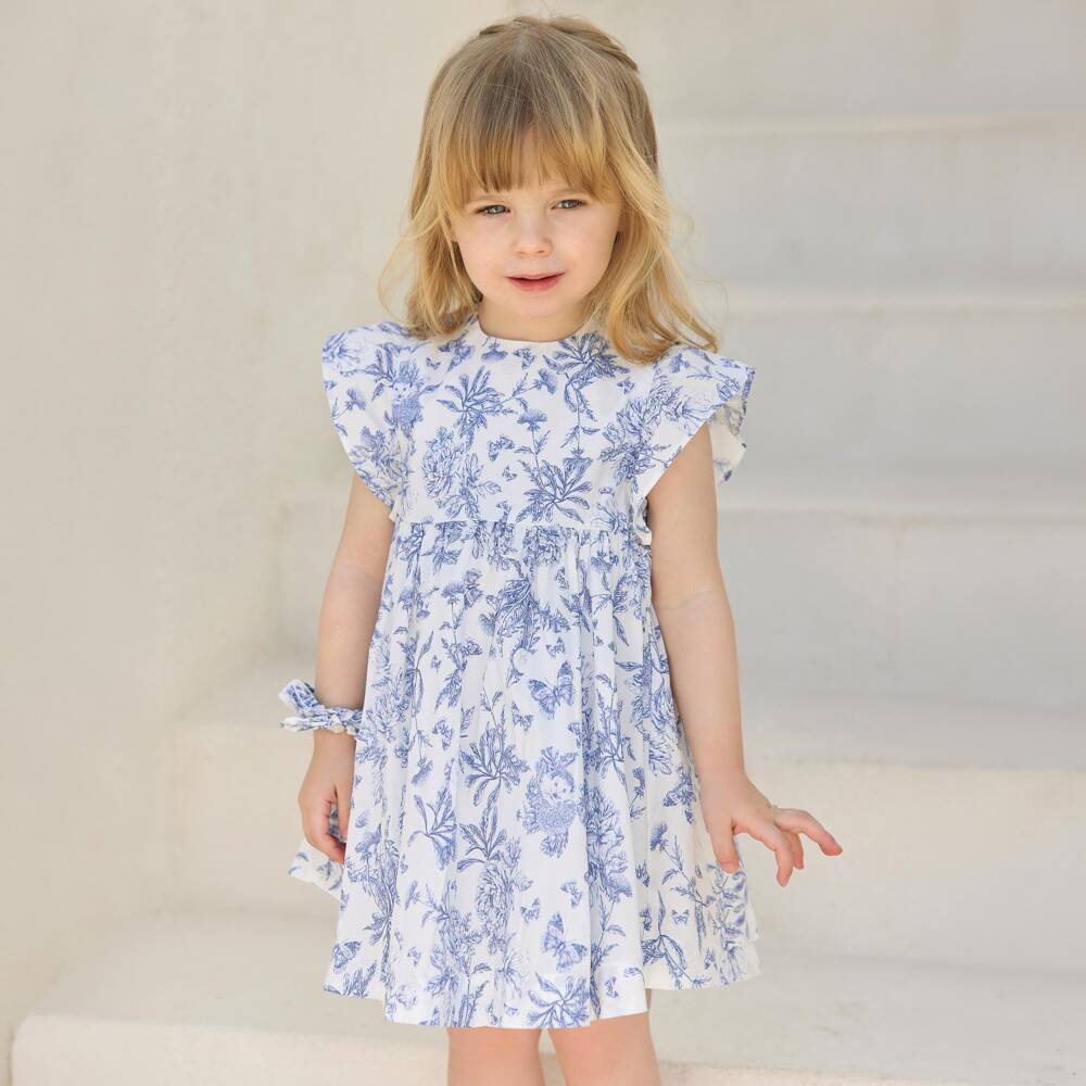 Tartine et Chocolat-Girls Blue Toile Du Jouy Dress with Ruffle Sleeves | Childrensalon