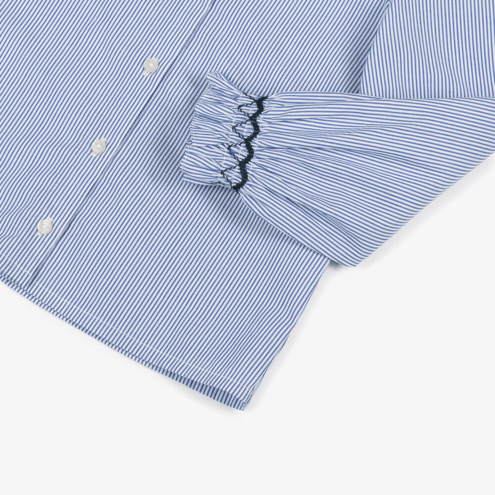 Tartine et Chocolat-Блузка бело-голубая в полоску из хлопка с оборками для девочек | Childrensalon