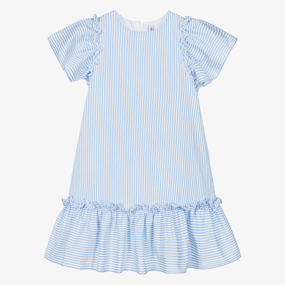Tartine et Chocolat-Girls Blue & White Striped Dress with Ruffles | Childrensalon
