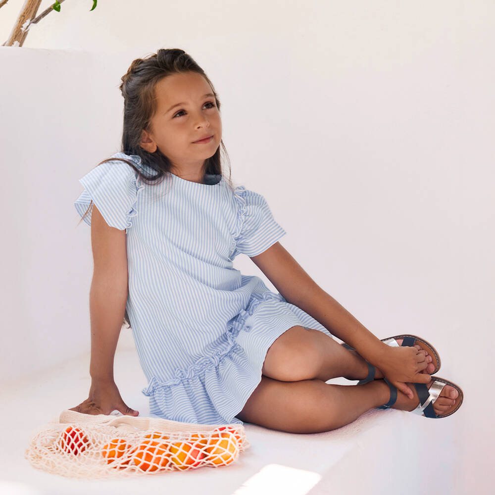 Tartine et Chocolat-Girls Blue & White Striped Dress with Ruffles | Childrensalon