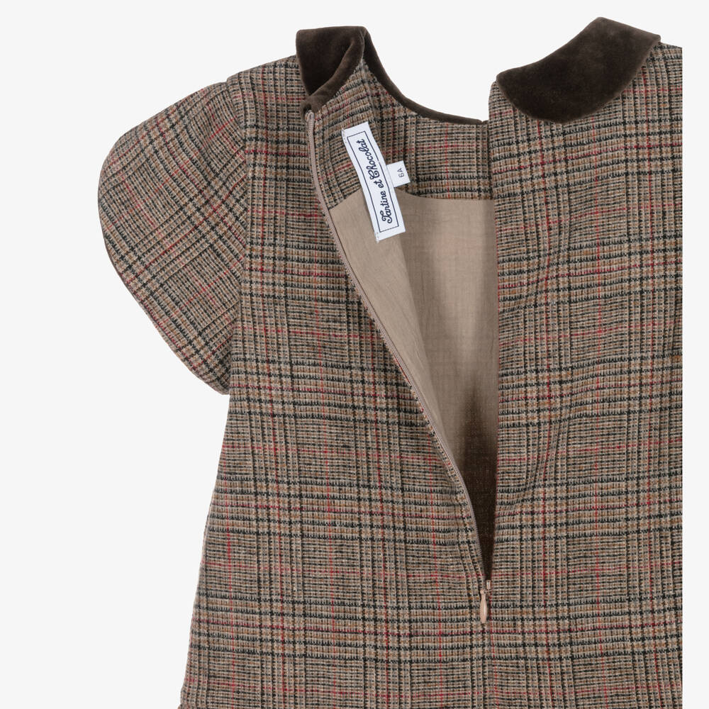 Tartine et Chocolat-Girls Brown Check Dress with Tulip Sleeves | Childrensalon