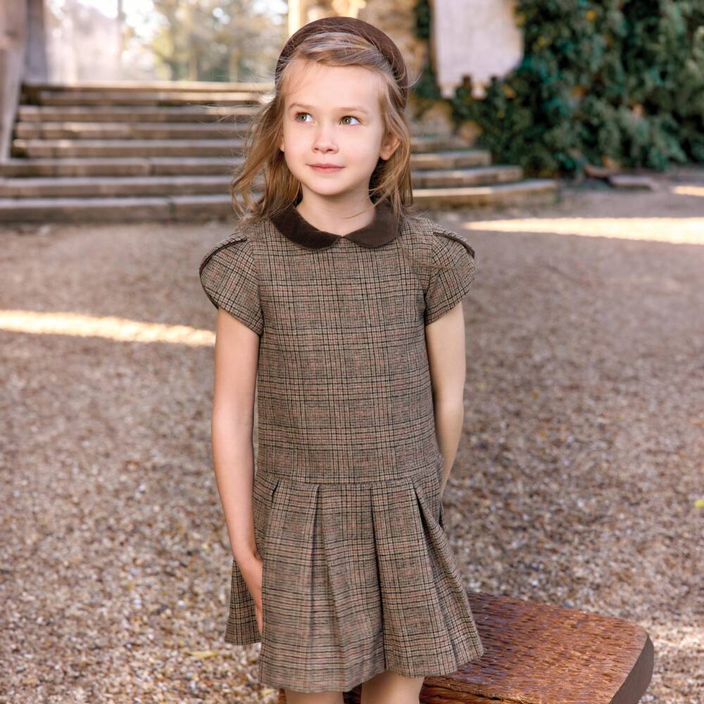 Tartine et Chocolat-Girls Brown Check Dress with Tulip Sleeves | Childrensalon