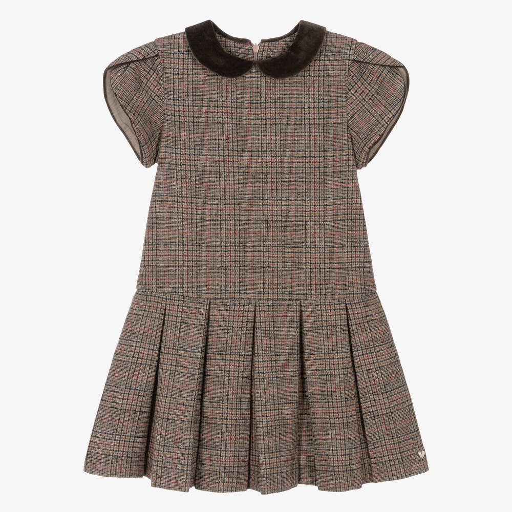 Tartine et Chocolat-Girls Brown Check Dress with Tulip Sleeves | Childrensalon