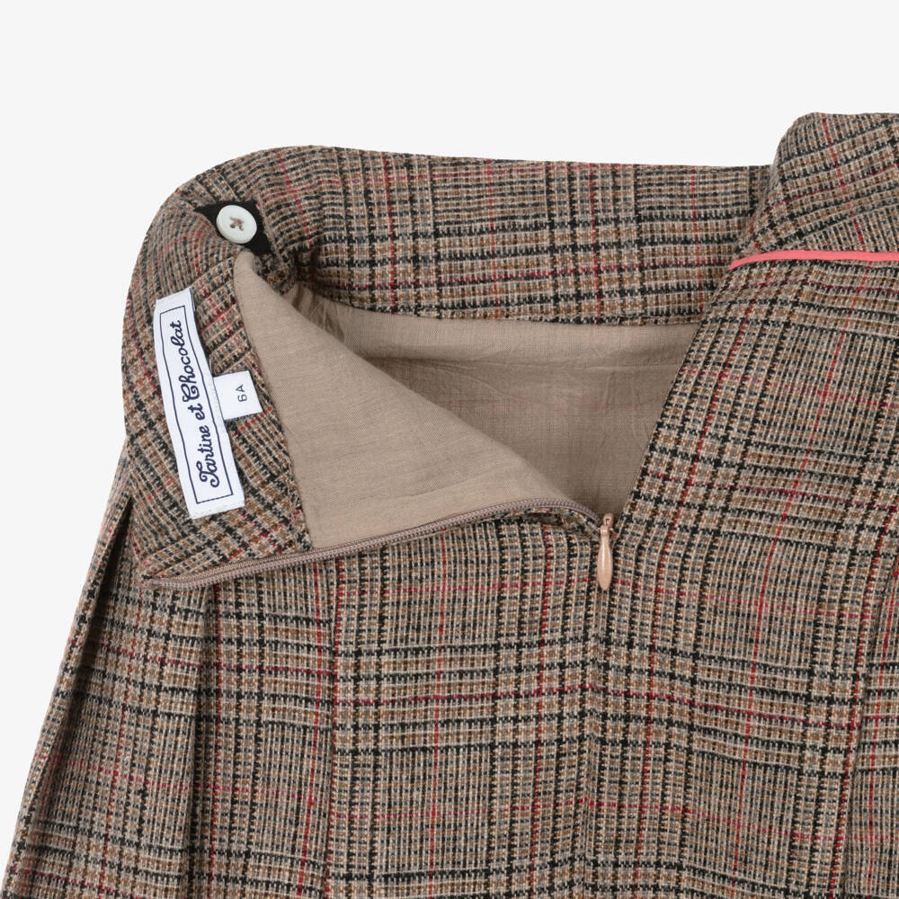 Tartine et Chocolat-Girls Brown Check Side Pleat Skirt | Childrensalon