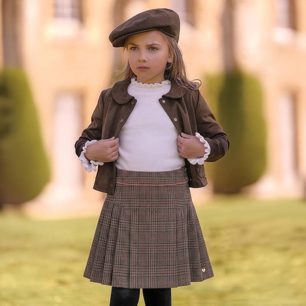 Tartine et Chocolat-Girls Brown Check Side Pleat Skirt | Childrensalon