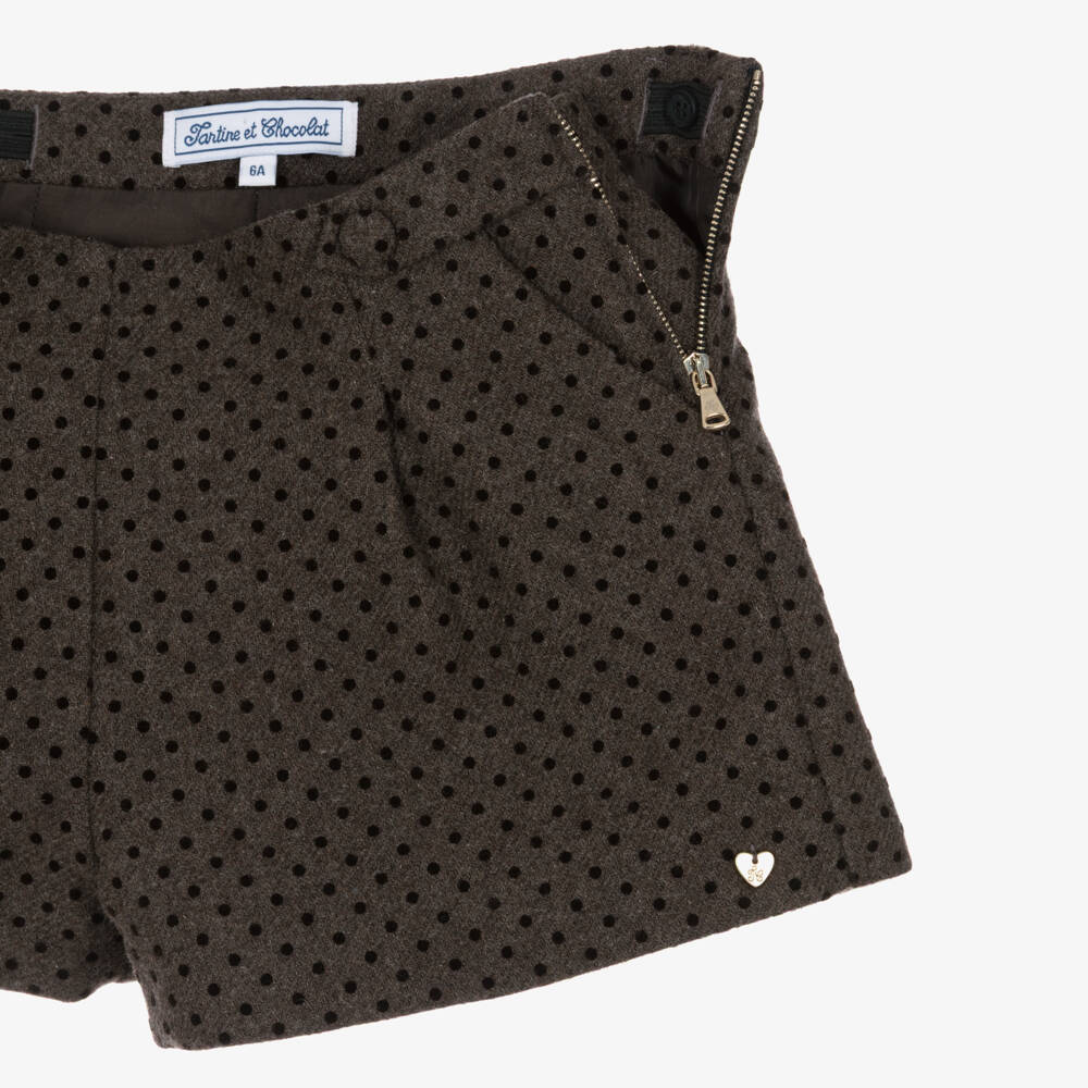 Tartine et Chocolat-Girls Brown Flocked Polka Dot Shorts | Childrensalon
