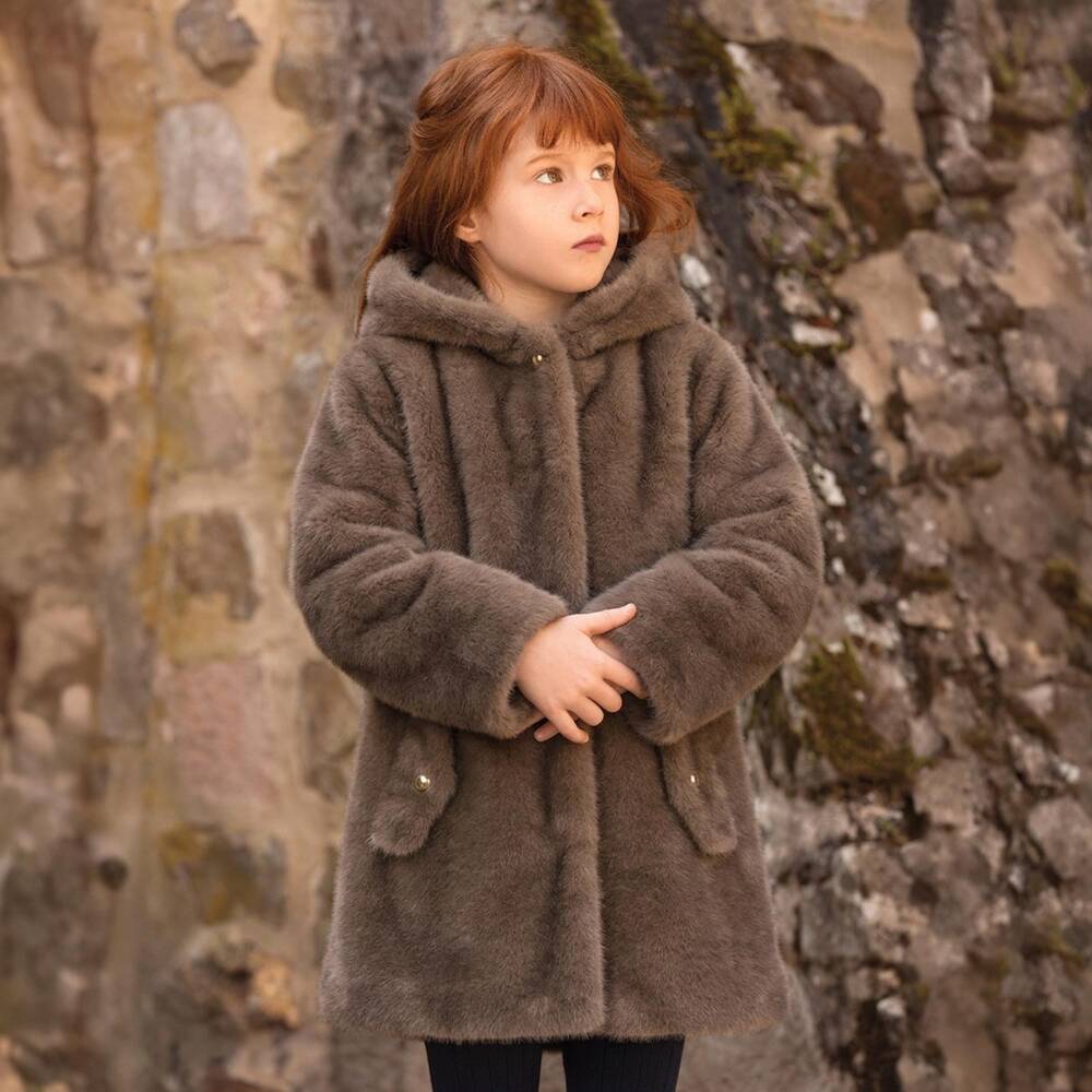 Tartine et Chocolat-Girls Brown Hooded Faux Fur Coat | Childrensalon