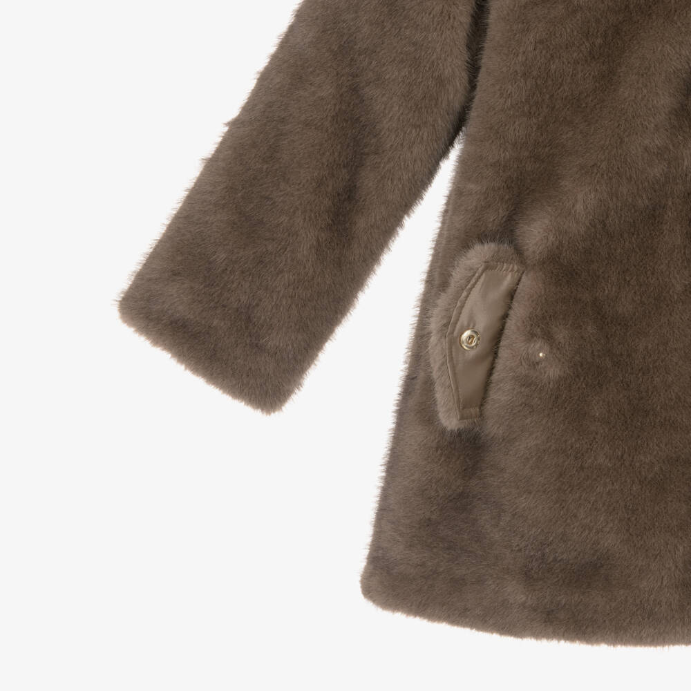 Tartine et Chocolat-Girls Brown Hooded Faux Fur Coat | Childrensalon