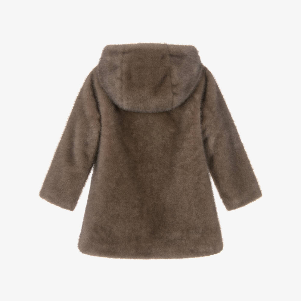 Tartine et Chocolat-Girls Brown Hooded Faux Fur Coat | Childrensalon