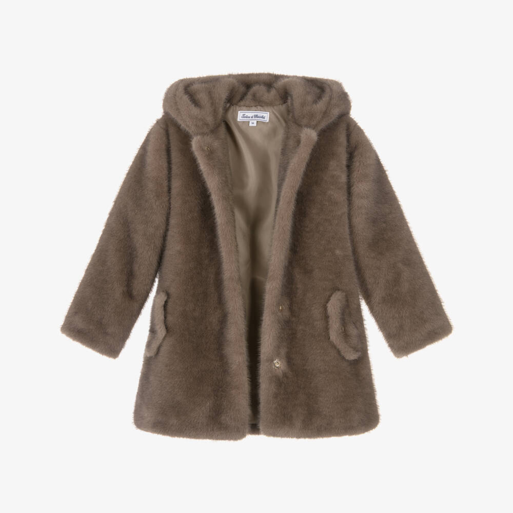Tartine et Chocolat-Girls Brown Hooded Faux Fur Coat | Childrensalon