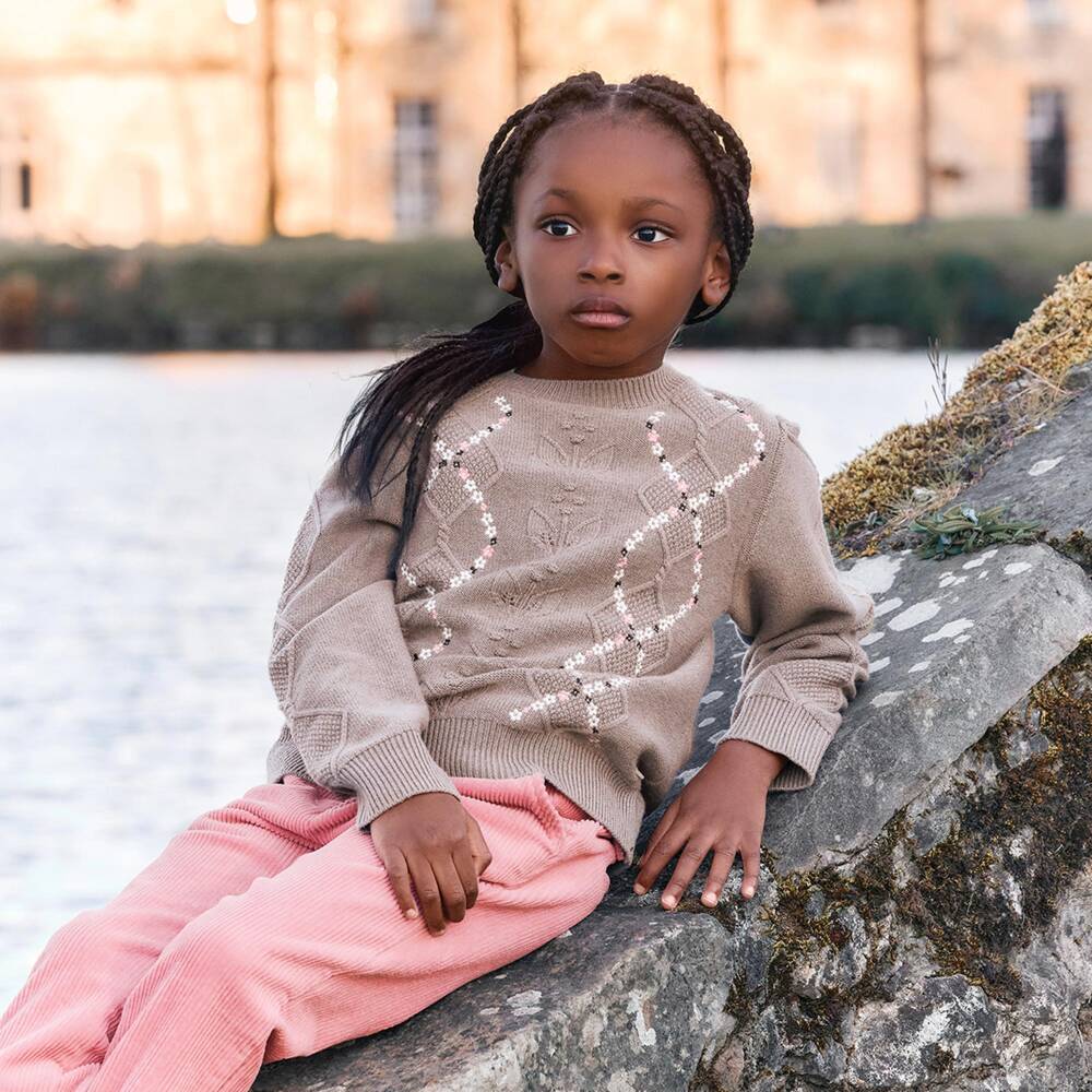 Tartine et Chocolat-Girls Brown Knit Sweater with Floral Embroidery | Childrensalon