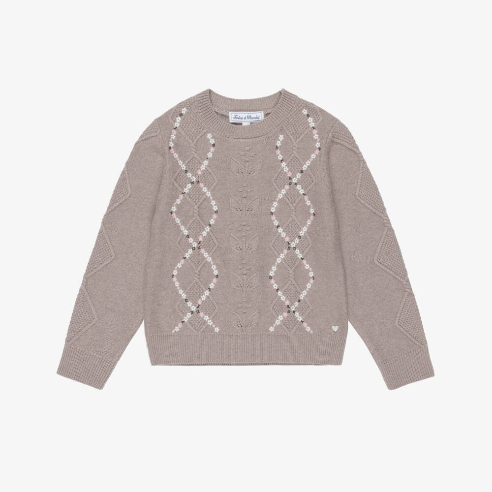 Tartine et Chocolat-Girls Brown Knit Sweater with Floral Embroidery | Childrensalon