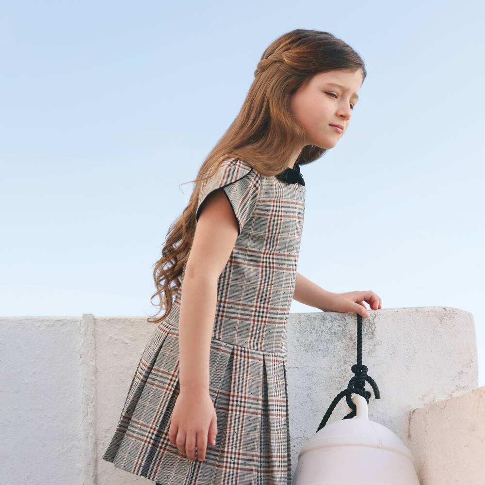 Tartine et Chocolat-Girls Grey & Beige Check Dress with Velvet Collar | Childrensalon