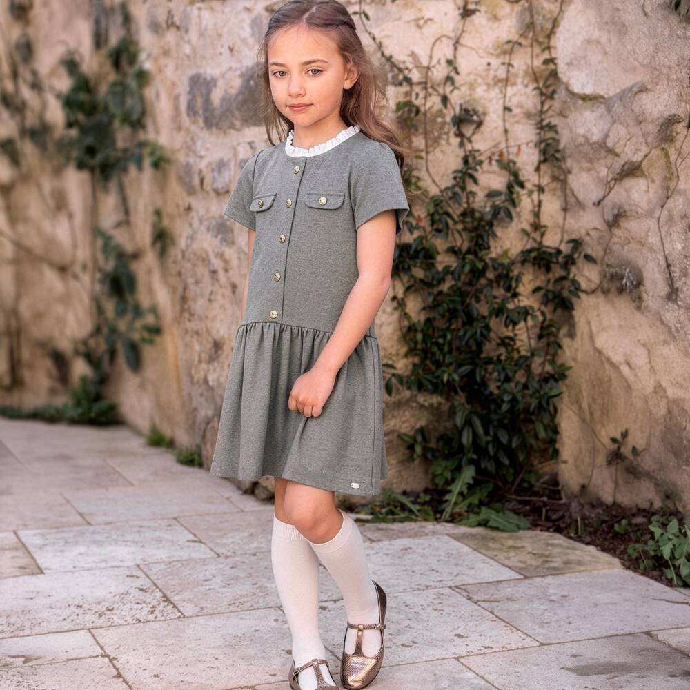 Tartine et Chocolat-فستان جيرسي بياقة كشكش لون رمادي للبنات | Childrensalon