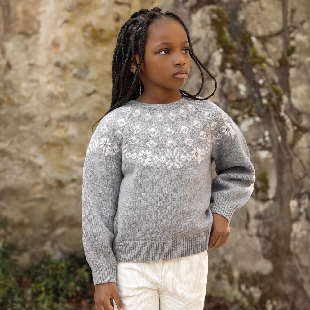 Tartine et Chocolat-Girls Grey Fair Isle Wool Knit Sweater | Childrensalon