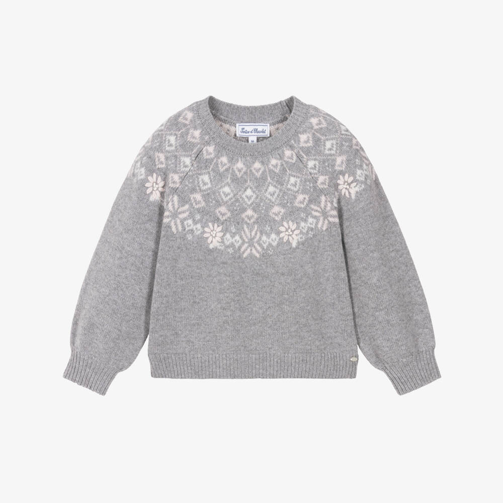 Tartine et Chocolat-Girls Grey Fair Isle Wool Knit Sweater | Childrensalon