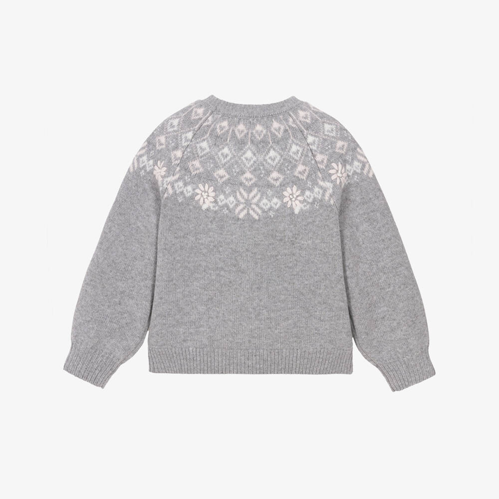 Tartine et Chocolat-Girls Grey Fair Isle Wool Knit Sweater | Childrensalon