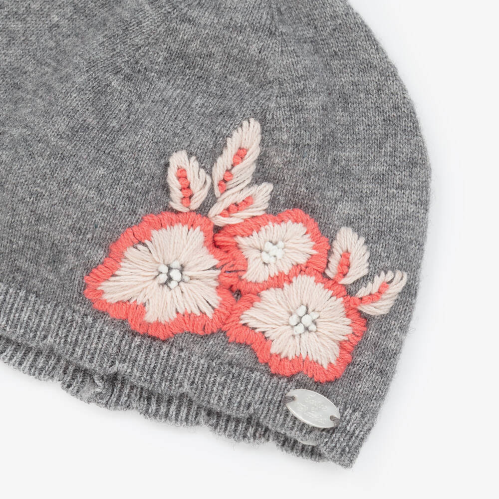 Tartine et Chocolat-Girls Grey Knitted & Embroidered Floral Hat | Childrensalon
