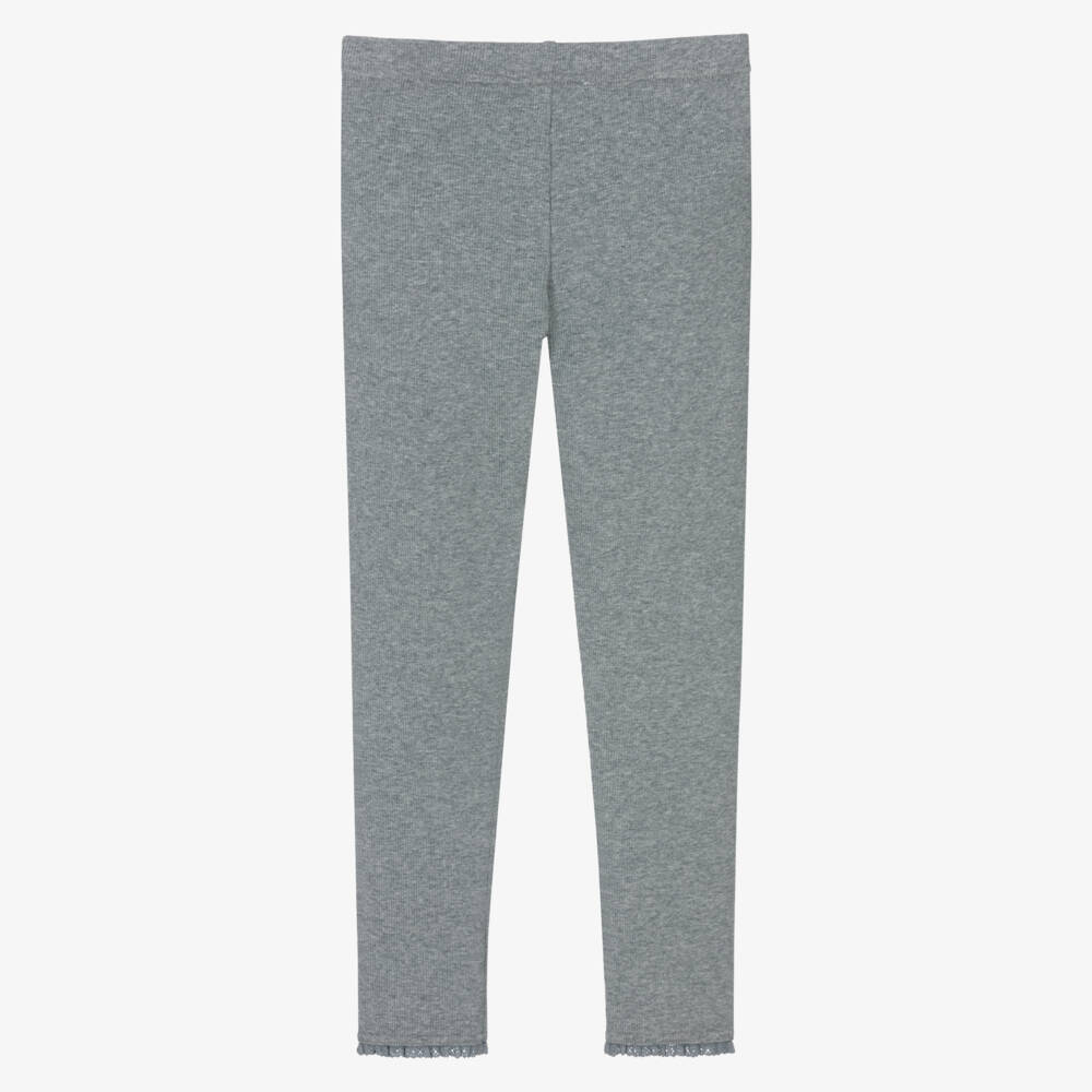 Tartine et Chocolat-Girls Grey Ribbed Cotton Leggings with Lace Trims | Childrensalon