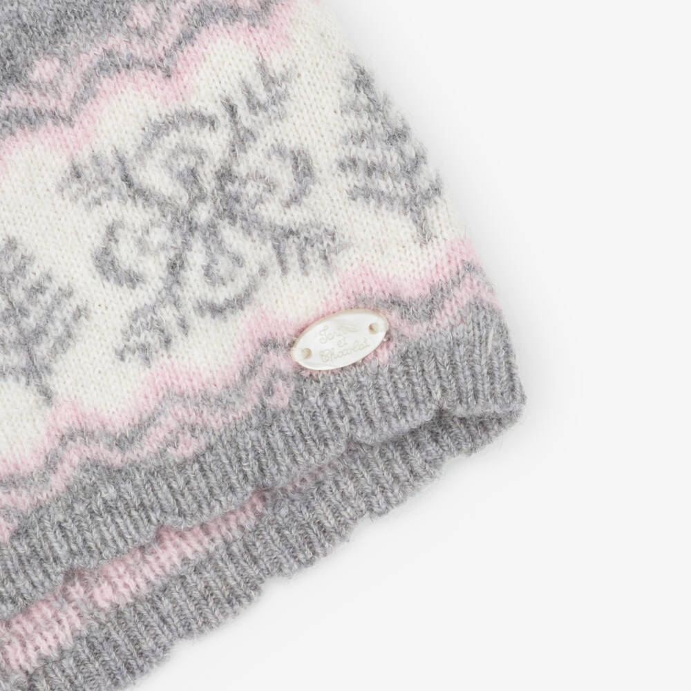 Tartine et Chocolat-Girls Grey Wool Knit Fair Isle Hat | Childrensalon