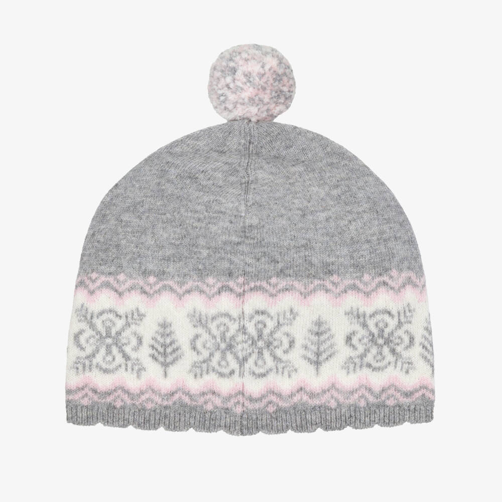 Tartine et Chocolat-Girls Grey Wool Knit Fair Isle Hat | Childrensalon