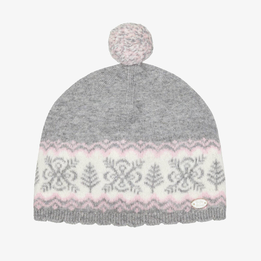 Tartine et Chocolat-Girls Grey Wool Knit Fair Isle Hat | Childrensalon